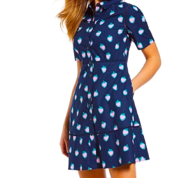 Draper James Navy Blue Pink & Green Strawberry Print Shirt Dress, Size 0 - Picture 2 of 16